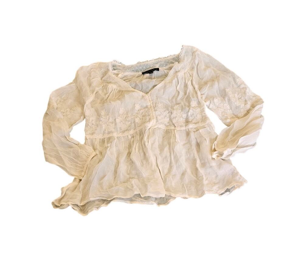 Sanctuary Sheer Embroidered Peasant Blouse Lace Trim Ivory XS Boho Top